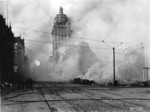 [View east down Market St. Call Building on fire, right]