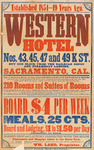 Established 1854 - 19 years ago, Western Hotel, nos. 43, 45, 47 and 49 K St. but one block from the railroad depot and steamboat landing, Sacramento, Cal.