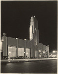 [Exterior night shot full front view Howard Motor Company building, 4th and Western, Los Angeles]