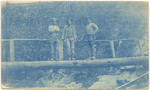 [Three men on log bridge in Alleghany, Sierra County]