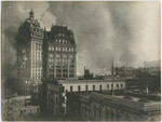 [The burning of the Call Building, as seen from Kearny Street. The Mutual Savings Bank Building in the foreground]