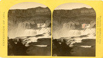 Shoshone Falls, Snake River, Idaho, Main Fall, 210 feet from upper to lower level, width of fall, 800 feet from upper to lower level; height of cañon wall at the falls, 1,000 feet. A number of minor falls, islands and boulder rocks above the main fall add beauty to the lonely majesty of this scene, no. 48