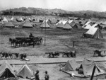 [Refugee camp, Fort Mason. Soldiers quarters in foreground]