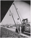 [Exterior general view of utility truck installing street light Newberry Electric Corporation] (2 views)