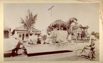 [View of float with thatch-roofed hut]