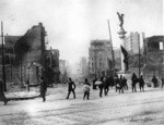 [Refugees on Market St. near Native Sons of the Golden West statue]