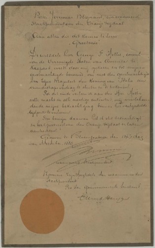 Certificate of Appreciation from the Transvaal government thanking George F. Hollis for his assistance in regard to a treaty with Italy