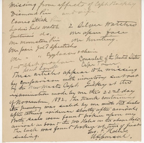 Inventories of the valuables of Captain and Mrs. Buckley