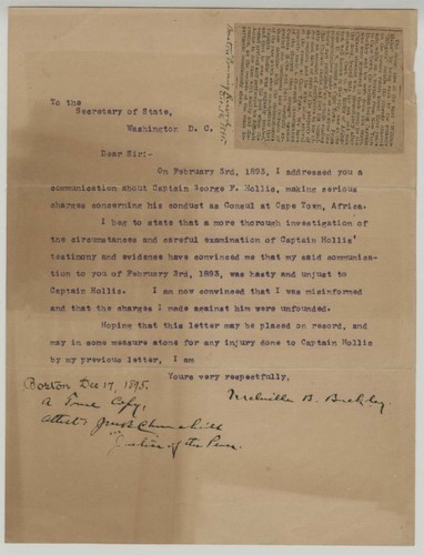 Letter from Melville Buckley to the US Department of State