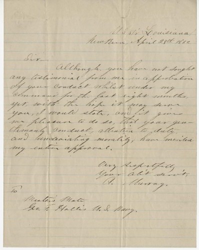 Letter from Alexander Murray, lieutenant and commander of the USS Louisiana, to George F. Hollis