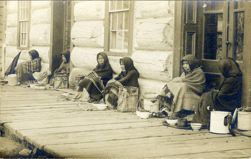 Postcard, Women sitting on wooden sidewalk