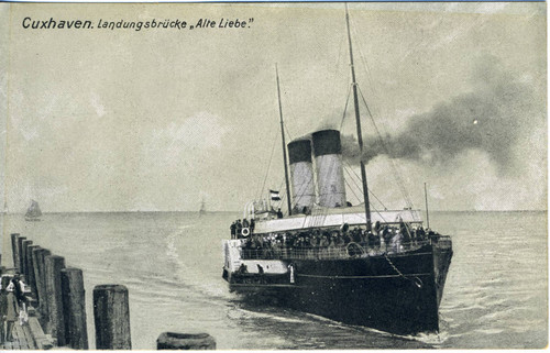 Postcard, Harbor Scene titled Cuxhaven. Landungsbrücke, "Alte Liebe"