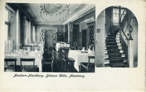 Postcard, interior dining room and stairway, Johann Cölln Restaurant, Hamburg
