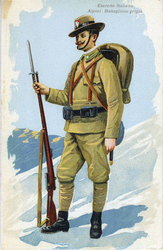 Postcard, illustration of the Alpini - Battaglione grigio