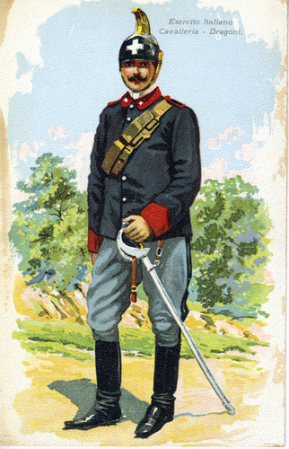 Postcard, illustration of the dress uniform of the Italian Cavalry (Dragoons)