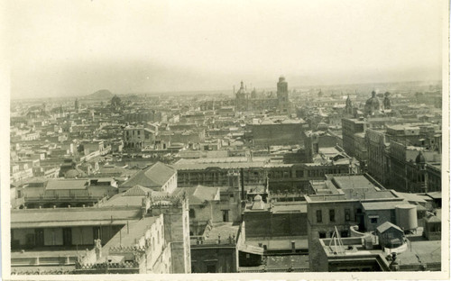 View of rooftops and steeples in Mexico City