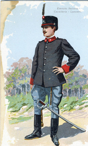 Postcard, illustration of the uniform of the Italian Cavalry (Lancers)