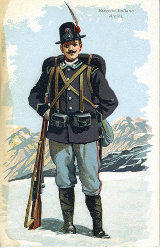 Postcard, illustration of the uniform of the Alpini (Alpines)