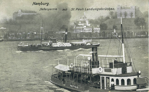 Postcard, Hafenpartie mit St. Pauli Landungsbrucken (St. Pauli Landing Bridges)