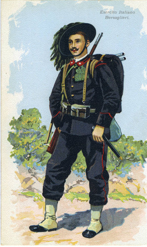 Postcard, illustration of the uniform of the Bersaglieri