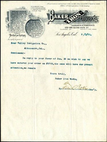 Letter from Baker Iron Works to the Bear Valley Irrigation Co., 1892-02-02