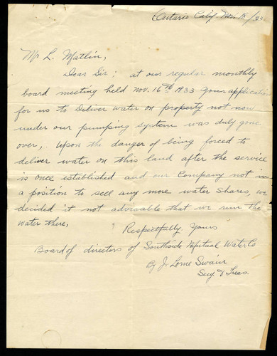 Letter from Southside Mutual Water Company, 1933-11-18