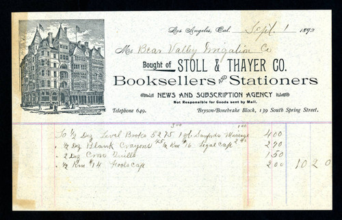 Receipt to Bear Valley Irrigation Company from Stoll & Thayer Company, 1892-09-01