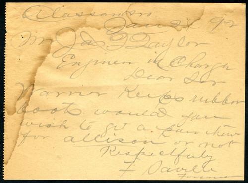 Note from F. Saville to Jas T. Taylor, 1892-01-24