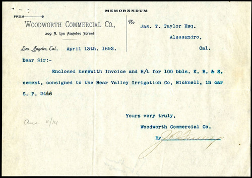 Memorandum from Woodworth Commercial Co. to James T. Taylor, 1892-04-13