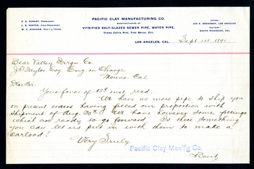 Note from the Pacific Clay Manufacturing Co. to the Bear Valley Irrigation Co., 1891-09-14