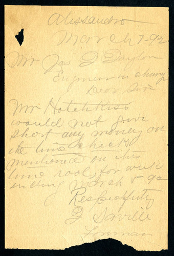 Note from F. Saville to Jas T. Taylor, 1892-03-07