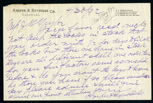 Letter to James T. Taylor from Harper & Reynolds Company Hardware., 1892-05-26