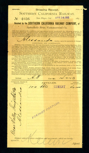 Shipping receipt from the Spreckels Bro's Commercial Co., 1892-04-14