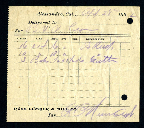 Delivery receipt for Bear Valley Irrigation Company, 1892-04-08