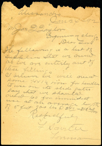 Note from F. Saville to Jas T. Taylor, 1892-01-24