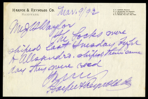 Letter to Bear Valley & Company from Harper & Reynolds Company Hardware, 1892-03-09