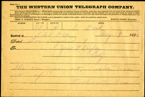 Telegraph from Woodworth Commercial Company to James T. Taylor, 1892-05-09