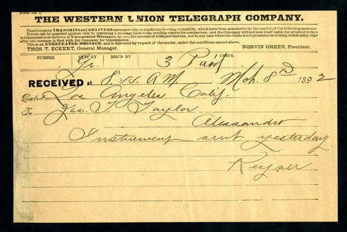 Telegram to James T. Taylor from H. Keyser, 1892-03-08