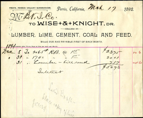 Bill from Wise & Knight to Bear Valley Irrigation Co., 1892-03-17