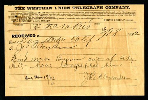 Telegraph from the Western Union Telegraph Company, 1892-03-18