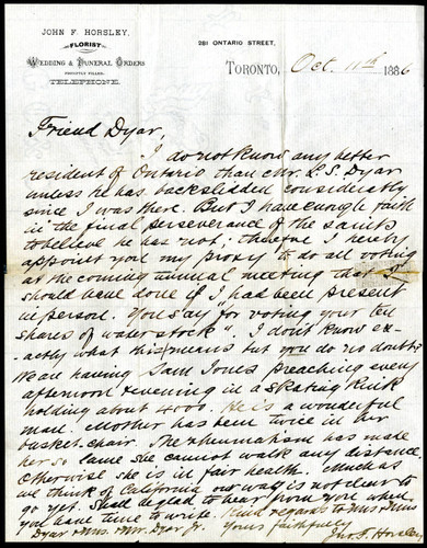 Letter to Dyan from John F. Horsley, 1886-10-11