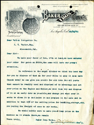 Letter from Baker Iron Works to the Bear Valley Irrigation Co., 1892-10-18