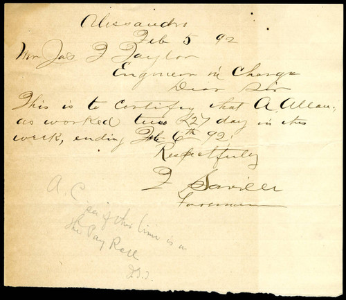 Note from F. Saville to Jas. T. Taylor, 1892-02-05