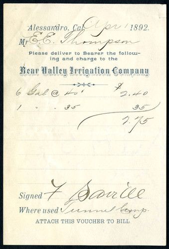 Voucher signed by F. Saville to E. E. Thompson, 1892-04-01