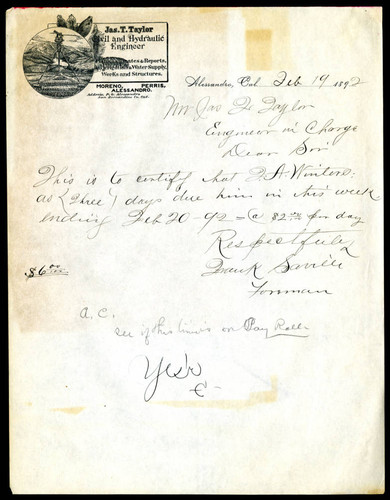 Note from F. Saville to Jas. T. Taylor, 1892-02-19