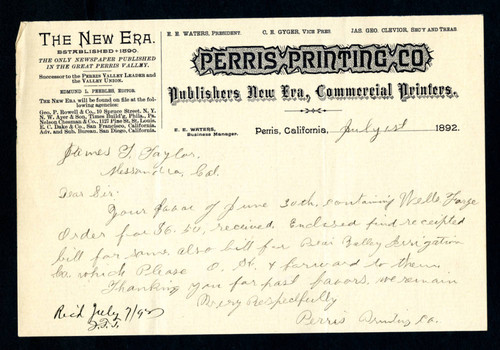 Letter to James T. Taylor from the Perris Printing Co., 1892-07-01