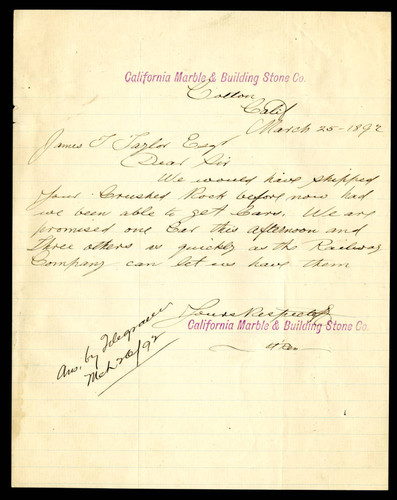 Letter to Jas T. Taylor from the California Marble & Building Stone Co., 1892-03-25