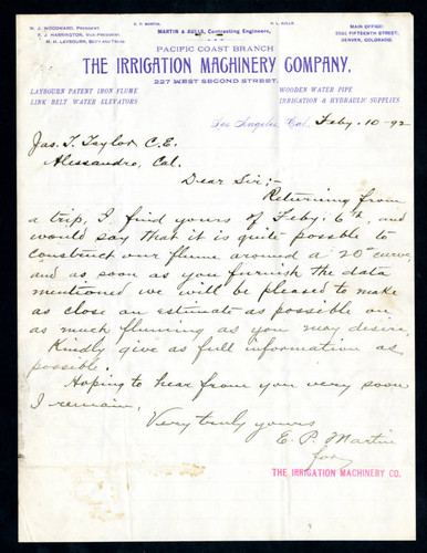 Letter to Jas. T. Taylor from E. P. Martin, 1892-02-10