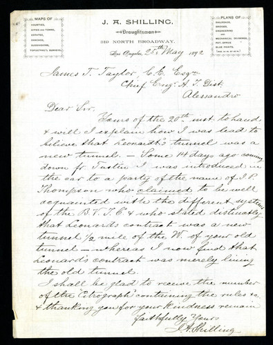 Letter to James T. Taylor from J. A. Shilling, 1892-05-25