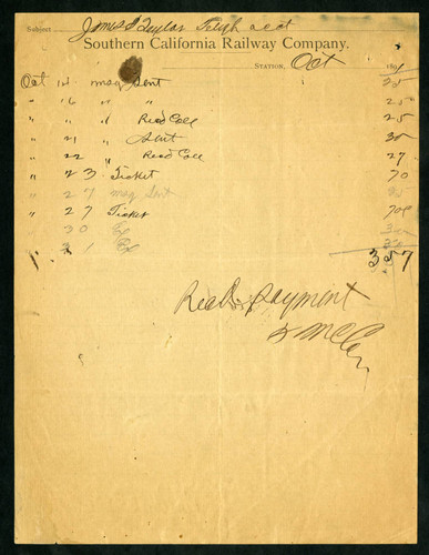 List of payments made by Southern California Railway Company, 1891-10